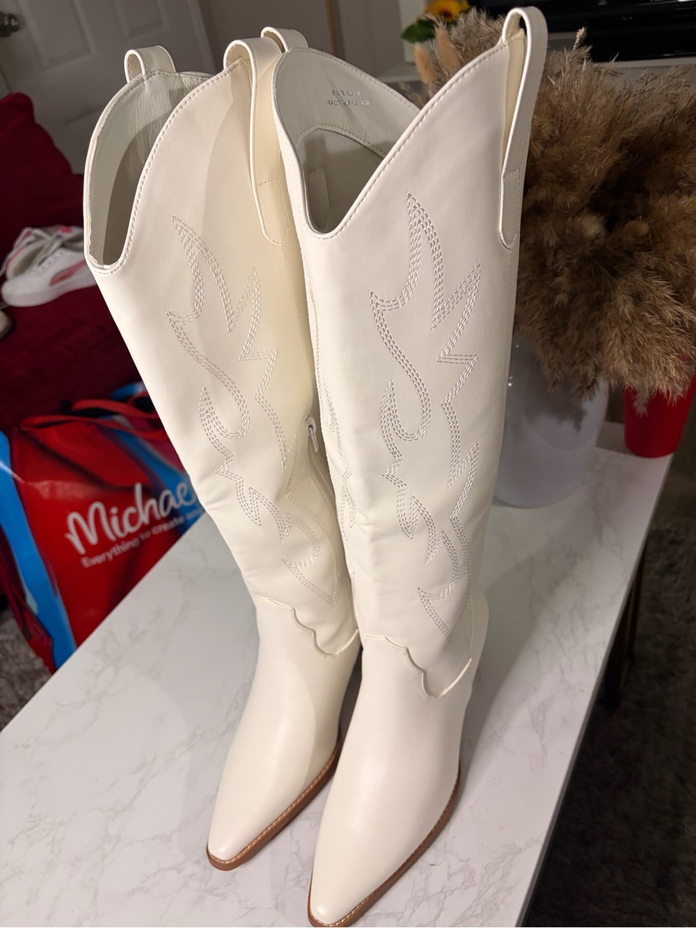 Cream Western Knee-High Heeled Boots